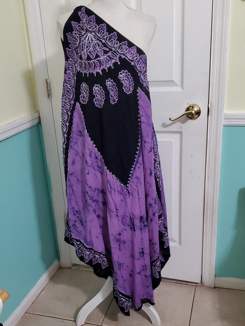 Gypsy Boho Batik Embroidered Purple & Black One-Shoulder Coverup Maxi Dress OS
